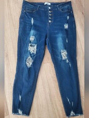 Thread & Others High-Waist Stretch Distressed Women's Jeans Dark Blue Ankle Cut